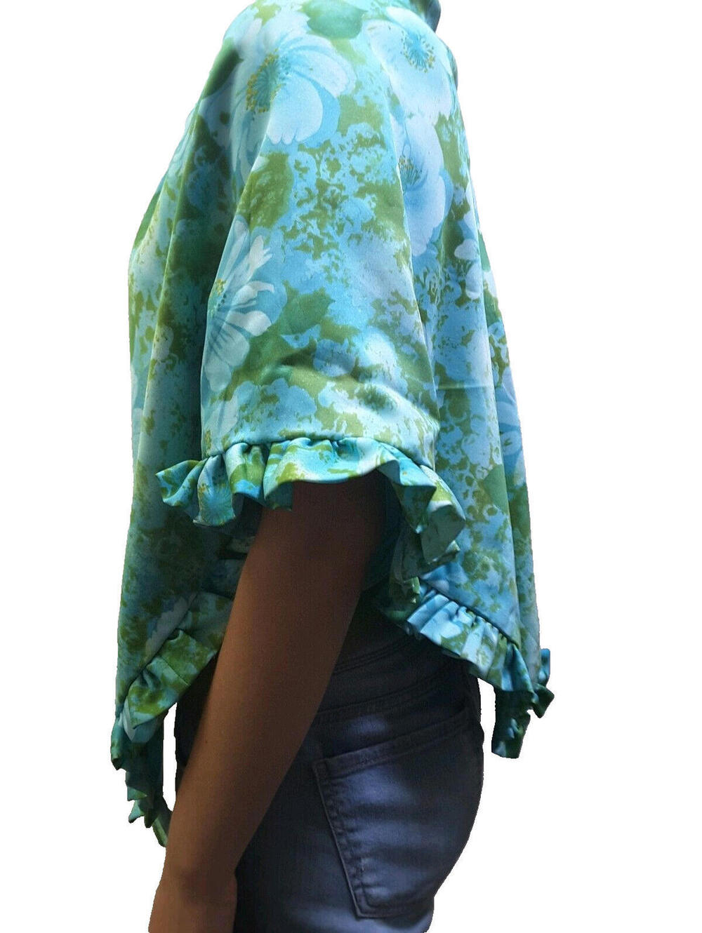 1970s Jade Turquoise Color FLOWER POWER Shawl Scarf Ruffled Whimsical Bohemian
